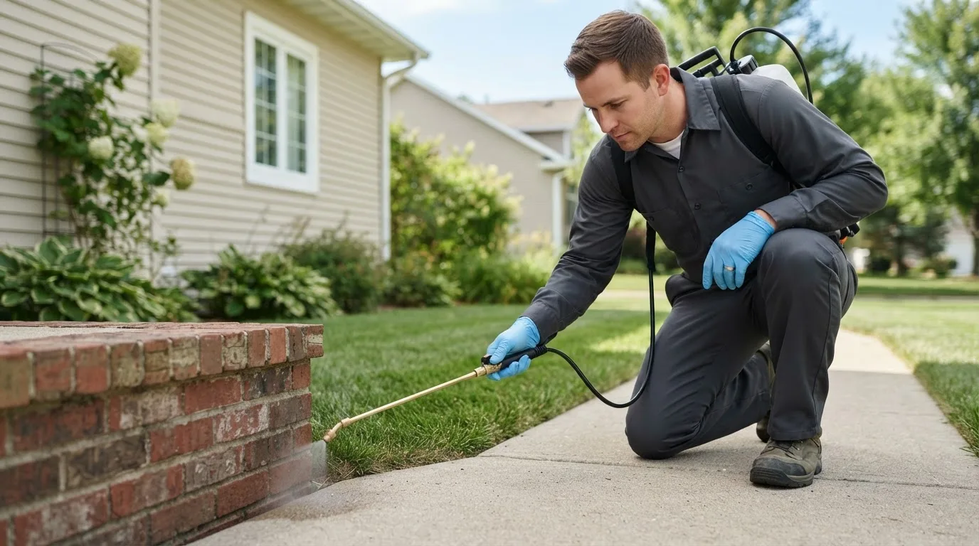 Pest control technician treating a home near Karnes City, TX