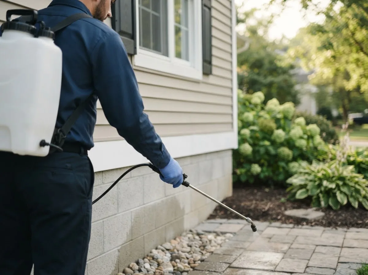 Pest control technician inspecting a home in Karnes City, TX